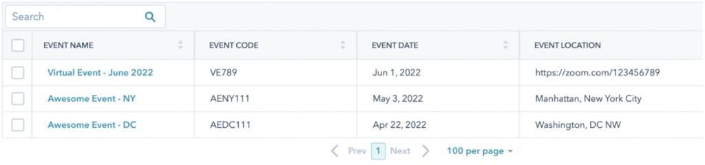 A screenshot of event records in HubSpot