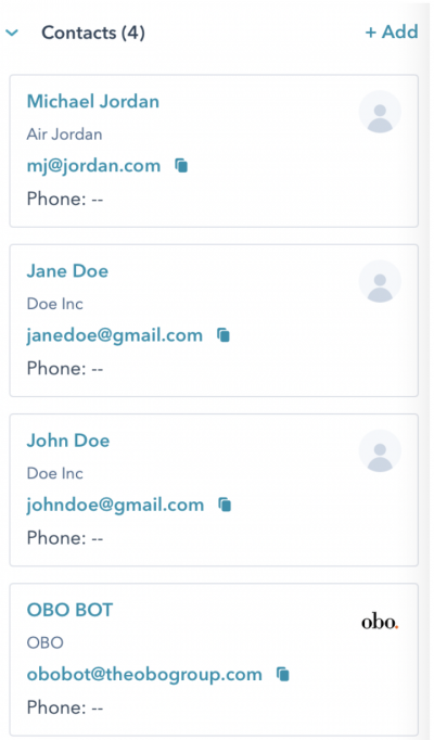 A screenshot of contact records in HubSpot
